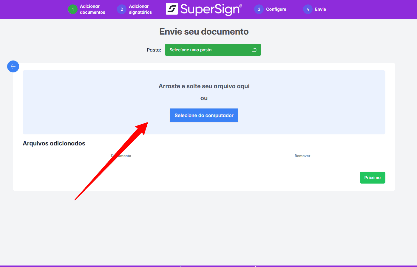 Print da tela de envio de documentos para assinatura digital da SuperSign