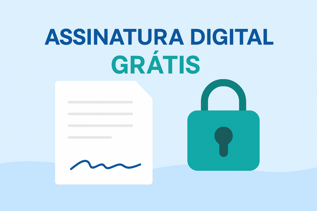 Banner azul com o texto ‘Assinatura Digital Grátis’, acompanhado de ícones de documento assinado e cadeado que simbolizam validade jurídica e segurança
