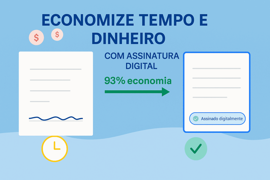 Ilustração mostrando economia de tempo e dinheiro com assinatura digital: documento físico vira documento assinado digitalmente com 93 % de economia, ícones de dólar, relógio e check sobre fundo azul.
