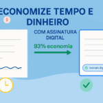 Ilustração mostrando economia de tempo e dinheiro com assinatura digital: documento físico vira documento assinado digitalmente com 93 % de economia, ícones de dólar, relógio e check sobre fundo azul.