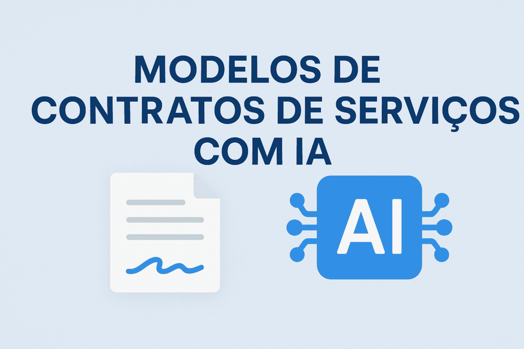 Banner azul com o texto “Modelos de contratos de serviços com IA”, ícone de documento assinado e chip de inteligência artificial.