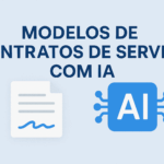 Banner azul com o texto “Modelos de contratos de serviços com IA”, ícone de documento assinado e chip de inteligência artificial.