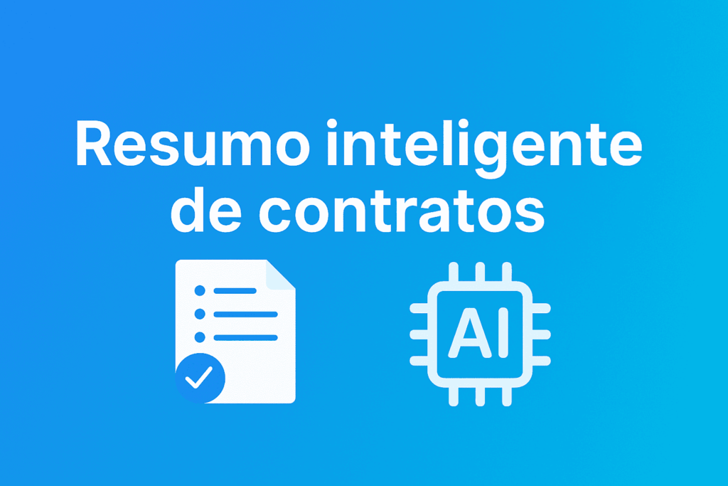 Banner azul com o texto “Resumo inteligente de contratos”, ícone de documento assinado e chip de IA.