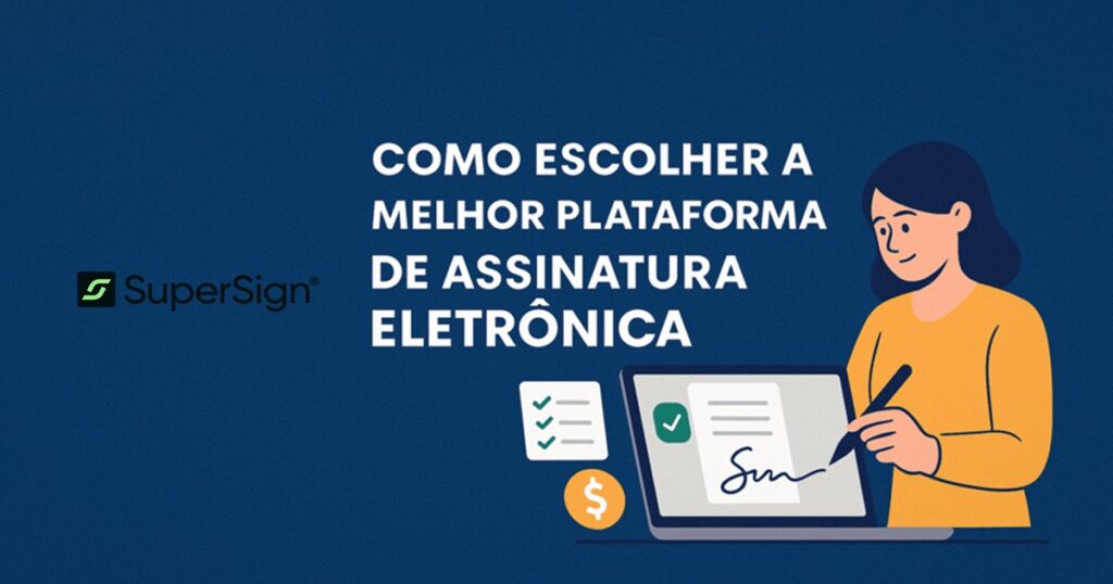 Imagem do blog SuperSign destacando a melhor plataforma de assinatura eletrônica em 2025, com ícones de documento digital, estrela e cadeado, simbolizando qualidade e segurança.