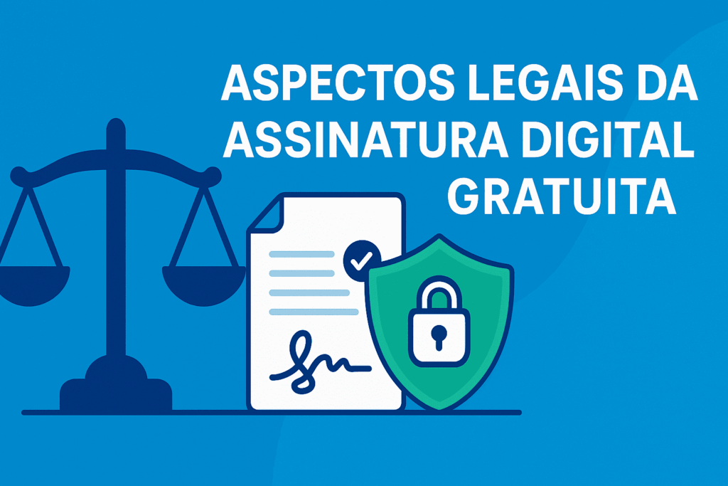Ilustração de balança, documento assinado e escudo representando aspectos legais da assinatura digital gratuita em 2025