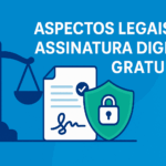 Ilustração de balança, documento assinado e escudo representando aspectos legais da assinatura digital gratuita em 2025