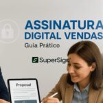 Imagem do blog SuperSign destacando assinatura digital para vendas, com ícones de documento assinado, cadeado e profissionais assinando, simbolizando segurança e eficiência.
