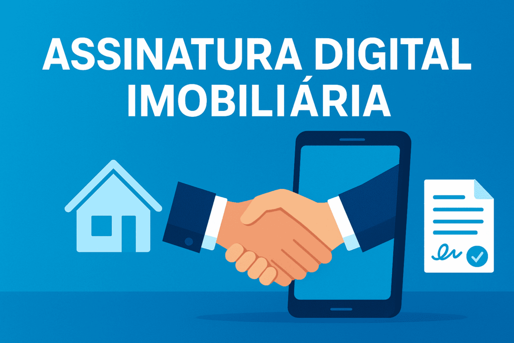 Ilustração de um aperto de mãos saindo de um smartphone, representando assinatura digital imobiliária com ícones de casa e contrato ao lado