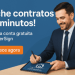 Corretor e cliente assinando contrato de locação em tablet dentro de imobiliária