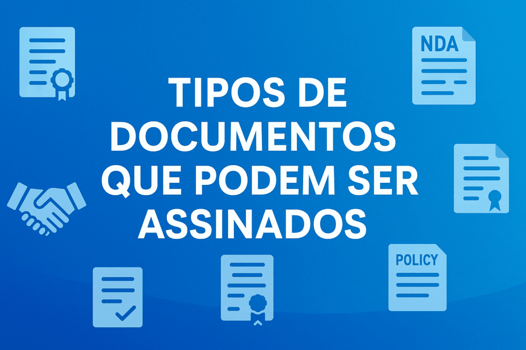 Banner azul com texto “Tipos de Documentos que Podem Ser Assinados” e selo RH 2025, mostrando ícones de contrato, NDA, política e handshake
