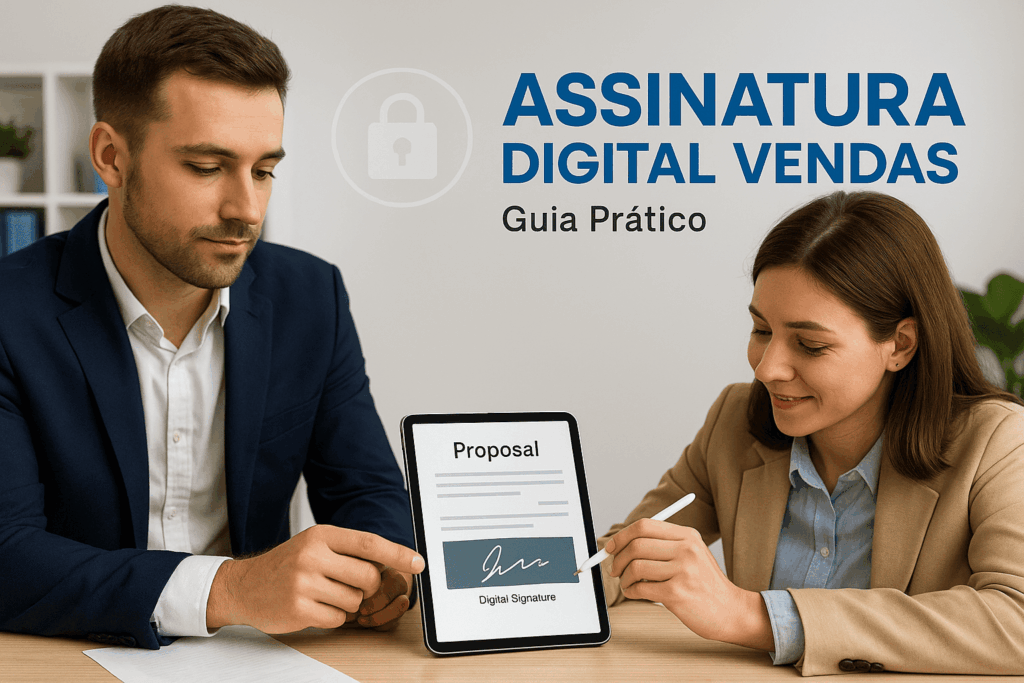 Profissional assinando proposta digital em tablet durante reunião de vendas