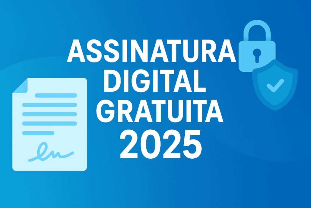 Banner azul com texto “Assinatura Digital Gratuita 2025”, ícone de documento assinado e cadeado com escudo de segurança