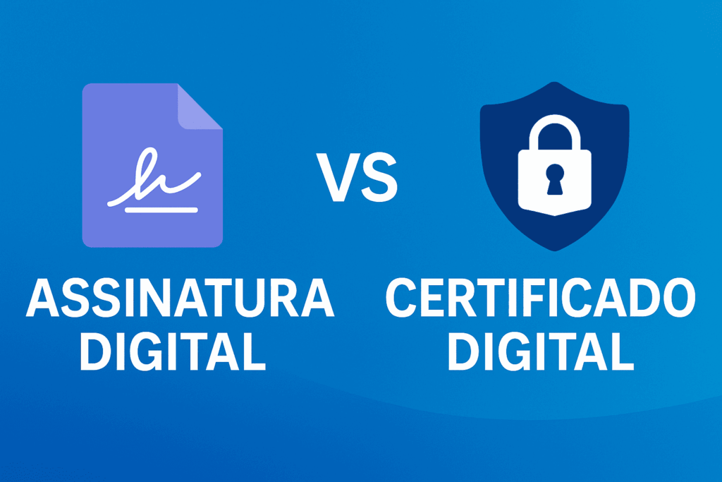 Banner azul com ícone de documento assinado versus escudo com cadeado, texto “Assinatura Digital vs Certificado Digital”