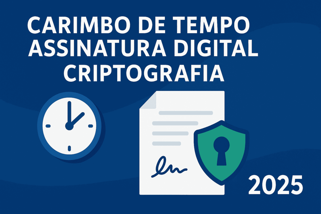 Banner retangular azul com texto “Carimbo de Tempo Assinatura Digital” e ícone de relógio, documento com assinatura e escudo verde