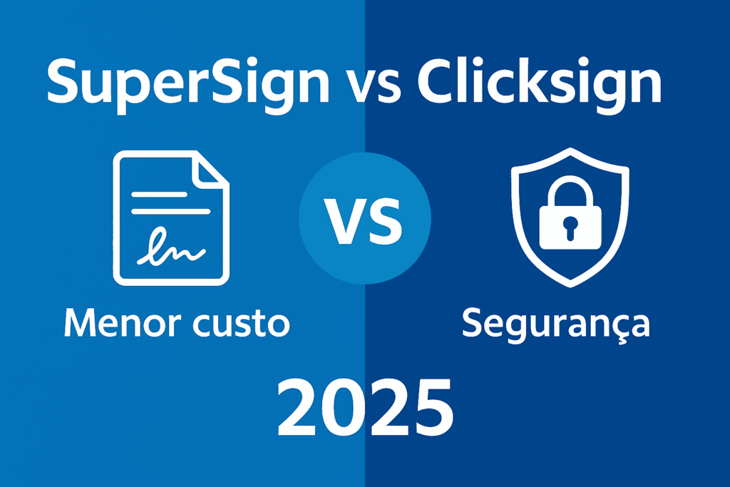 Banner comparativo “SuperSign vs Clicksign 2025” com ícone de documento assinado e texto “Menor custo” de um lado e escudo com cadeado e texto “Segurança” do outro