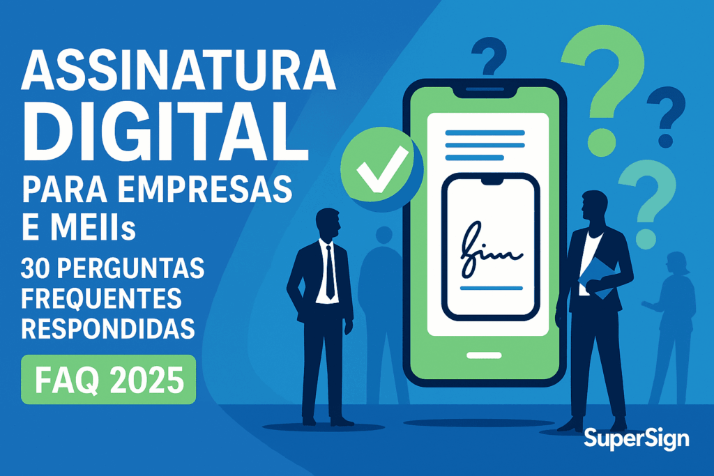 Ilustração de smartphone mostrando um FAQ sobre assinatura digital para empresas, MEIs e departamentos jurídicos – 30 perguntas frequentes respondidas.