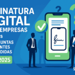 Ilustração de smartphone mostrando um FAQ sobre assinatura digital para empresas, MEIs e departamentos jurídicos – 30 perguntas frequentes respondidas.