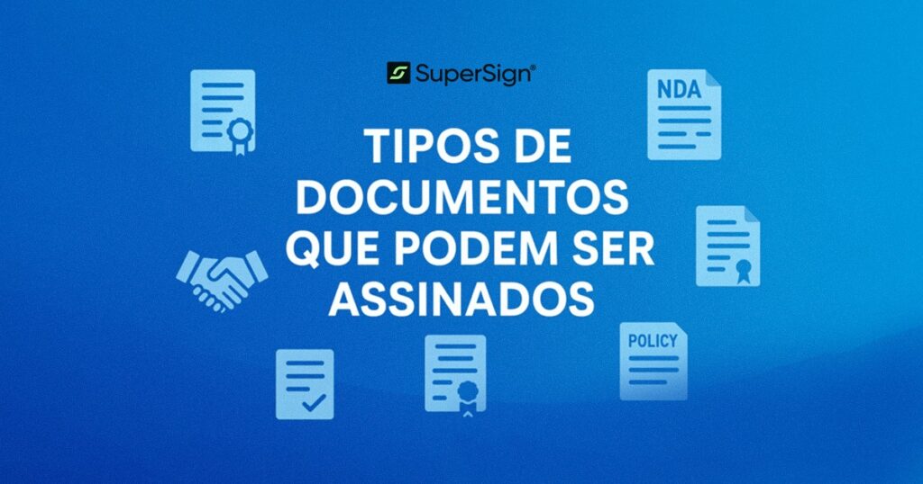 Imagem do blog SuperSign destacando assinatura digital no RH em 2025, com ícones de pessoas, documento assinado e engrenagem, simbolizando eficiência e modernização.
