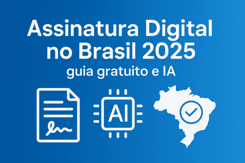 Banner azul com o texto “Assinatura Digital no Brasil 2025: guia gratuito e IA”, mostrando ícones de documento assinado, chip de IA e mapa do Brasil com check.