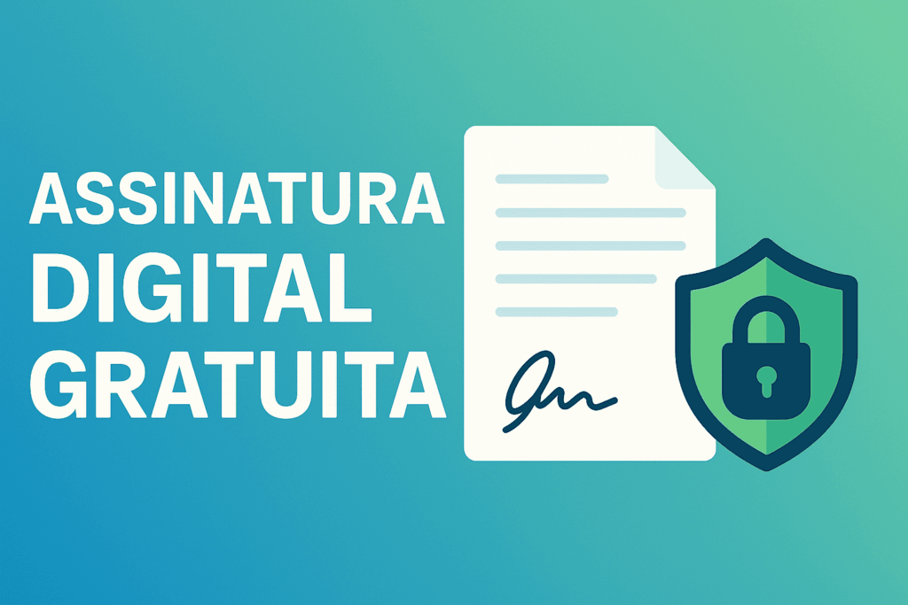 Banner retangular azul-esverdeado com texto “Assinatura Digital Gratuita”, ícone de documento assinado e escudo com cadeado