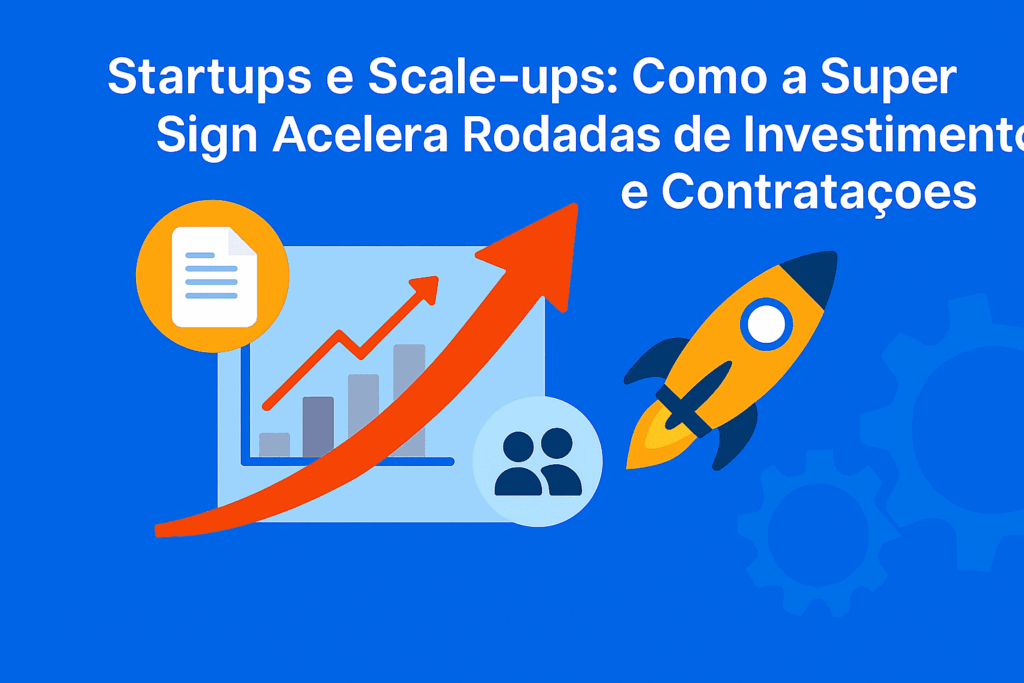 Gráfico de crescimento com documentos, foguete e pessoas simbolizando como a assinatura digital acelera investimentos e contratações em startups