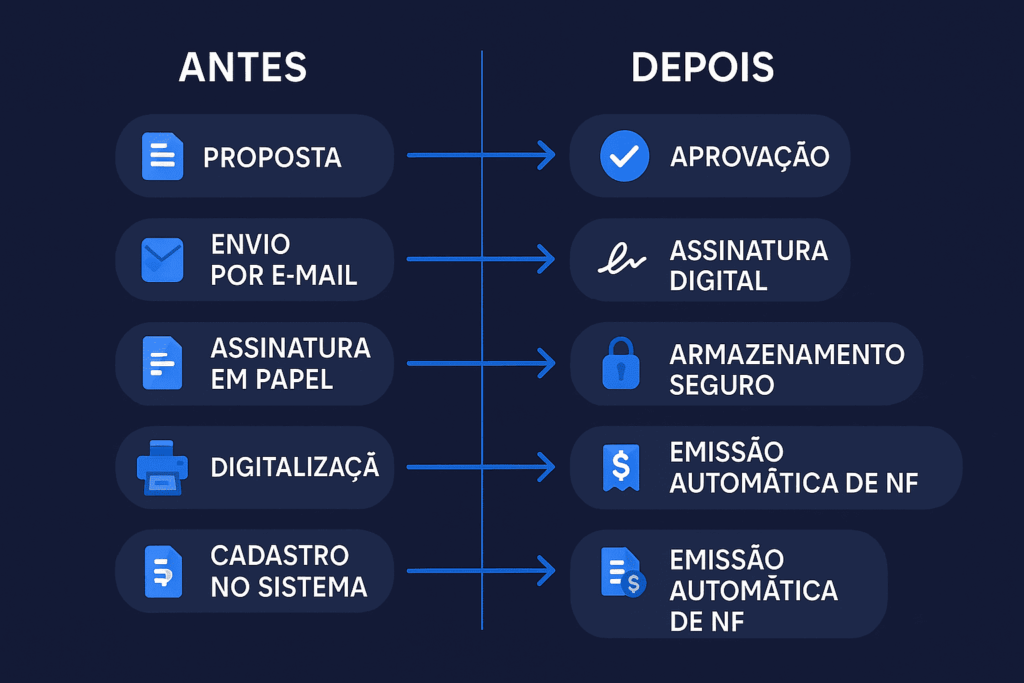 Infográfico comparando o fluxo manual (“antes”) com o fluxo automatizado de contratos (“depois”), destacando etapas de proposta, aprovação, assinatura digital e emissão automática de NF.