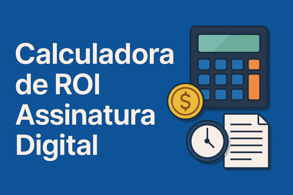 Ilustração de calculadora de ROI para assinatura digital com ícones de dinheiro, tempo e documentos sobre fundo azul