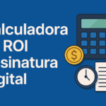 Ilustração de calculadora de ROI para assinatura digital com ícones de dinheiro, tempo e documentos sobre fundo azul