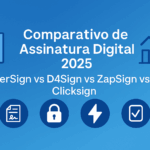 Banner azul escrito “Comparativo de assinatura digital 2025 – SuperSign vs D4Sign vs ZapSign vs Clicksign”, com ícones de documento assinado, cadeado e gráfico.