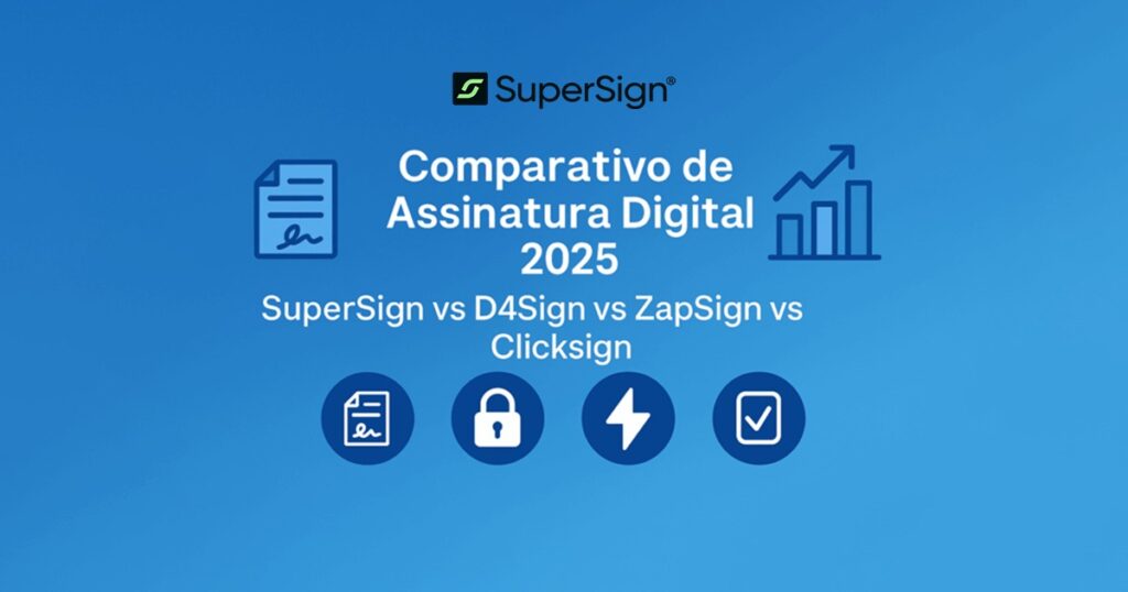 Imagem do blog SuperSign comparando assinaturas digitais em 2025, com ícones de documento, cadeado, raio e gráfico, simbolizando segurança, velocidade e desempenho.