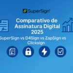 Imagem do blog SuperSign comparando assinaturas digitais em 2025, com ícones de documento, cadeado, raio e gráfico, simbolizando segurança, velocidade e desempenho.