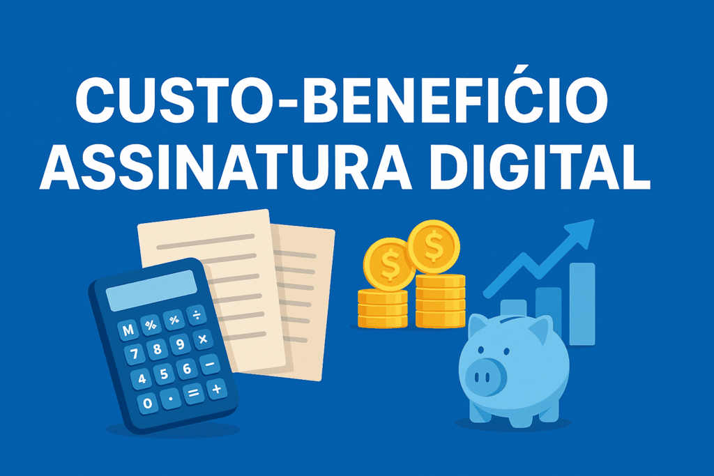 Ilustração de calculadora, moedas e gráfico mostrando custo-benefício da assinatura digital