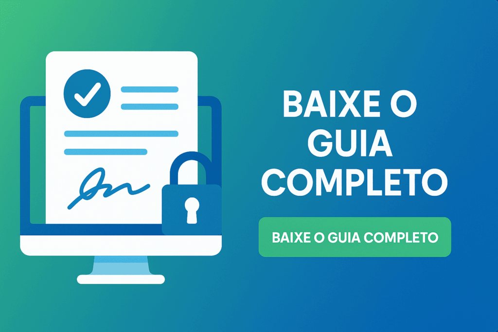 Ilustração vetorial de documento assinado digitalmente com cadeado e botão ‘Baixe o Guia Completo’, nas cores verde-azul da SuperSign
