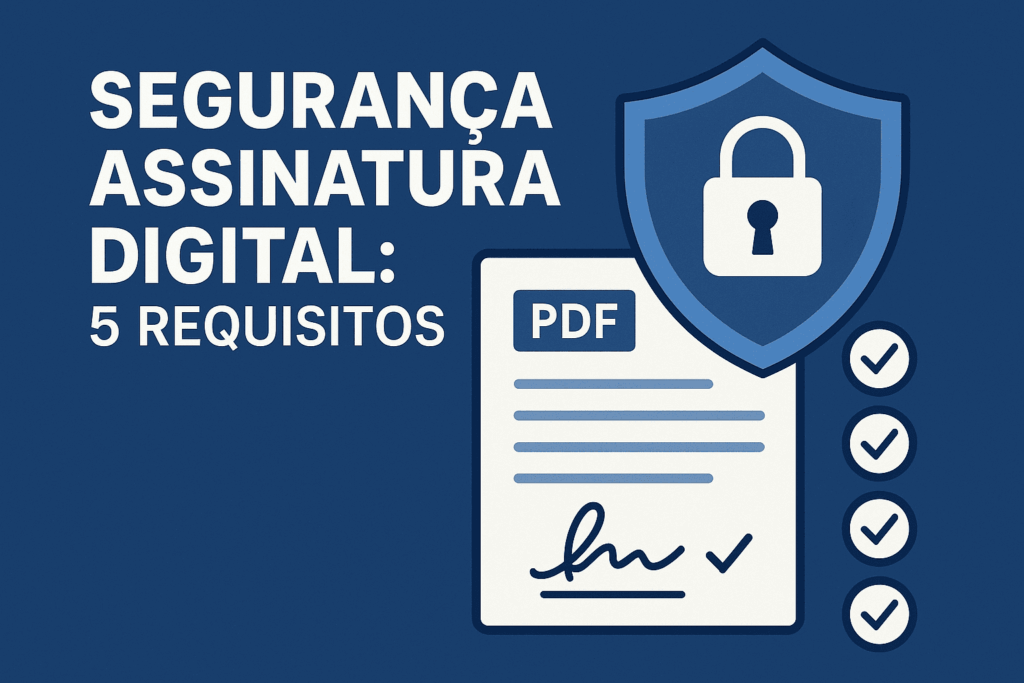 Infográfico mostra 5 requisitos de segurança para assinatura digital, com escudo, documento PDF e marcações de verificação.