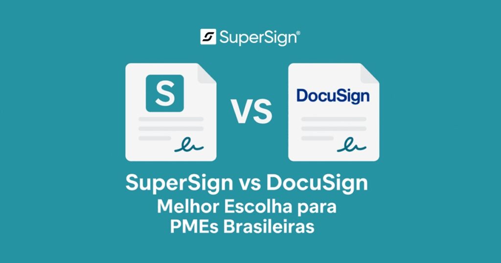 Imagem do blog SuperSign comparando SuperSign e DocuSign para PMEs brasileiras, com ícones de documentos assinados, simbolizando eficiência e escolha.