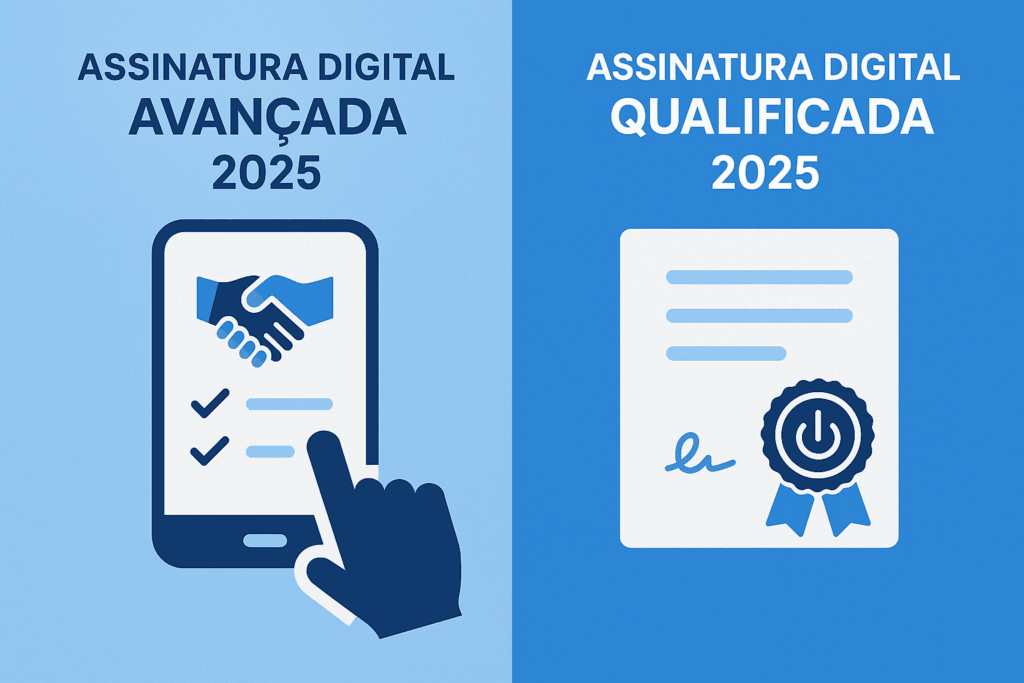 Ilustração comparativa entre assinatura digital avançada e qualificada em 2025, com smartphone e certificado digital