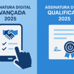 Ilustração comparativa entre assinatura digital avançada e qualificada em 2025, com smartphone e certificado digital