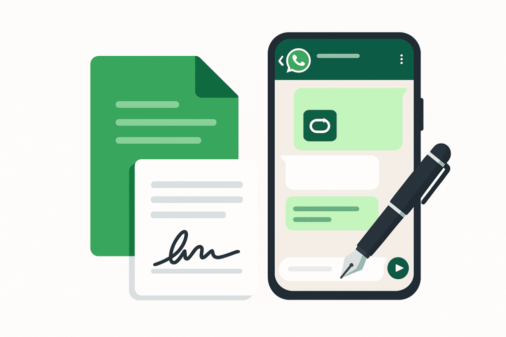 Ilustração vetorial de um documento sendo assinado digitalmente no WhatsApp em um smartphone