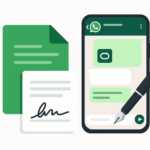 Ilustração vetorial de um documento sendo assinado digitalmente no WhatsApp em um smartphone