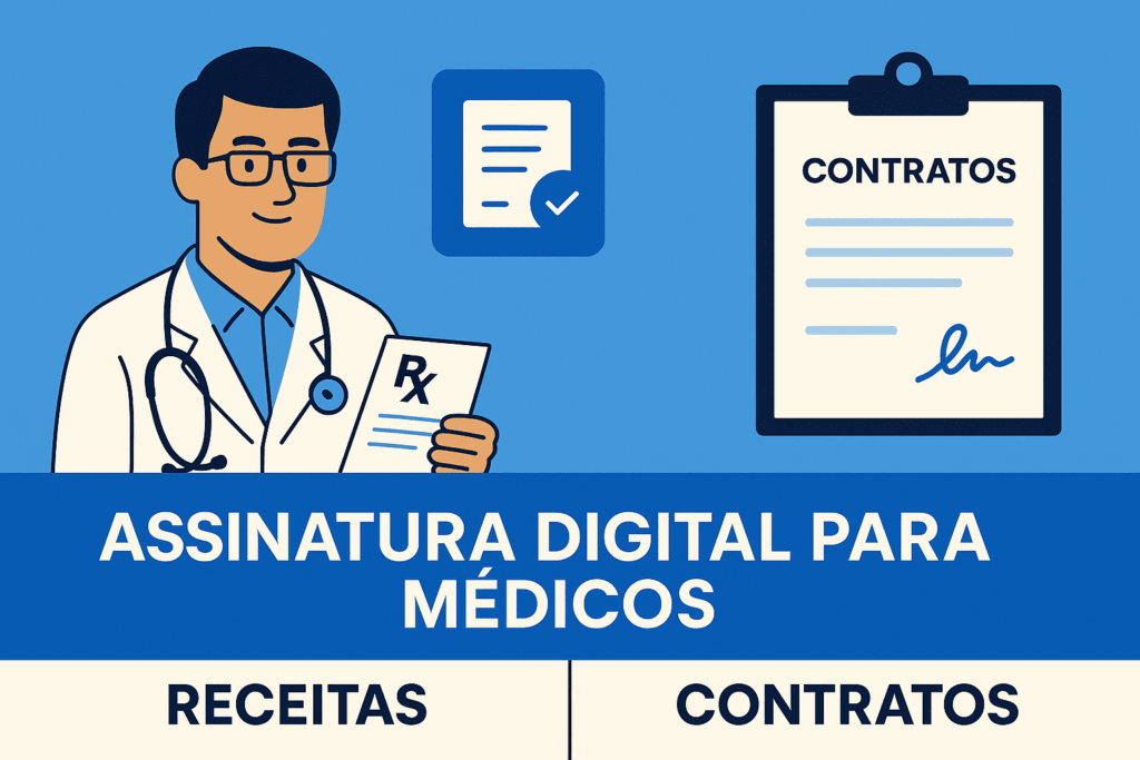 Ilustração de médico segurando receita digital e prancheta de contratos, destacando assinatura digital para médicos