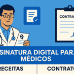 Ilustração de médico segurando receita digital e prancheta de contratos, destacando assinatura digital para médicos