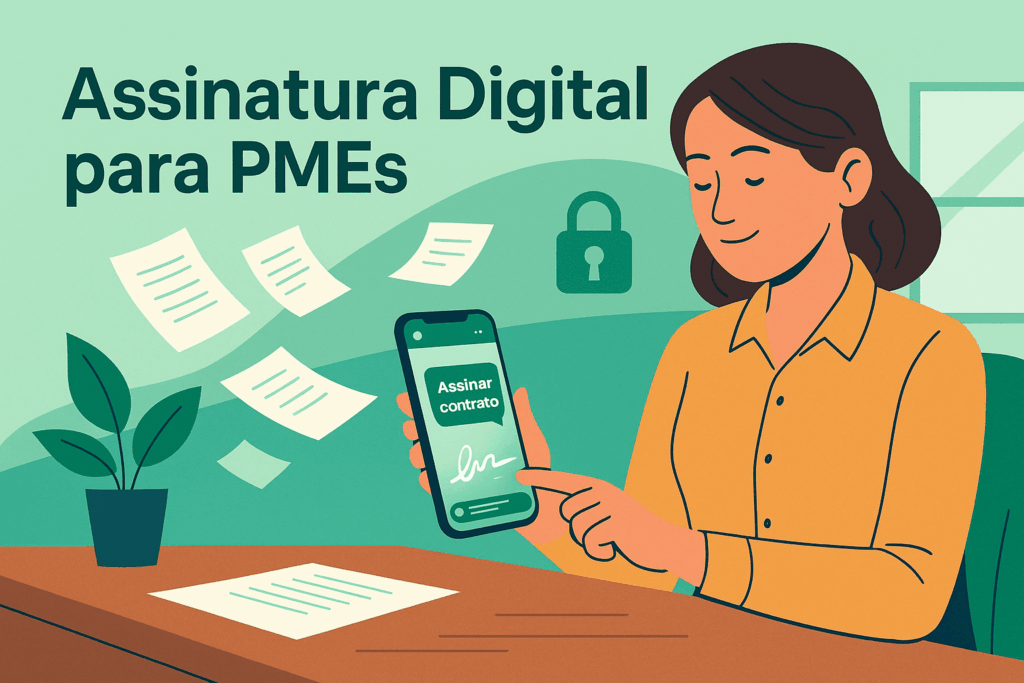 Empresária assinando contrato digital via WhatsApp, destaque para segurança e economia com SuperSign