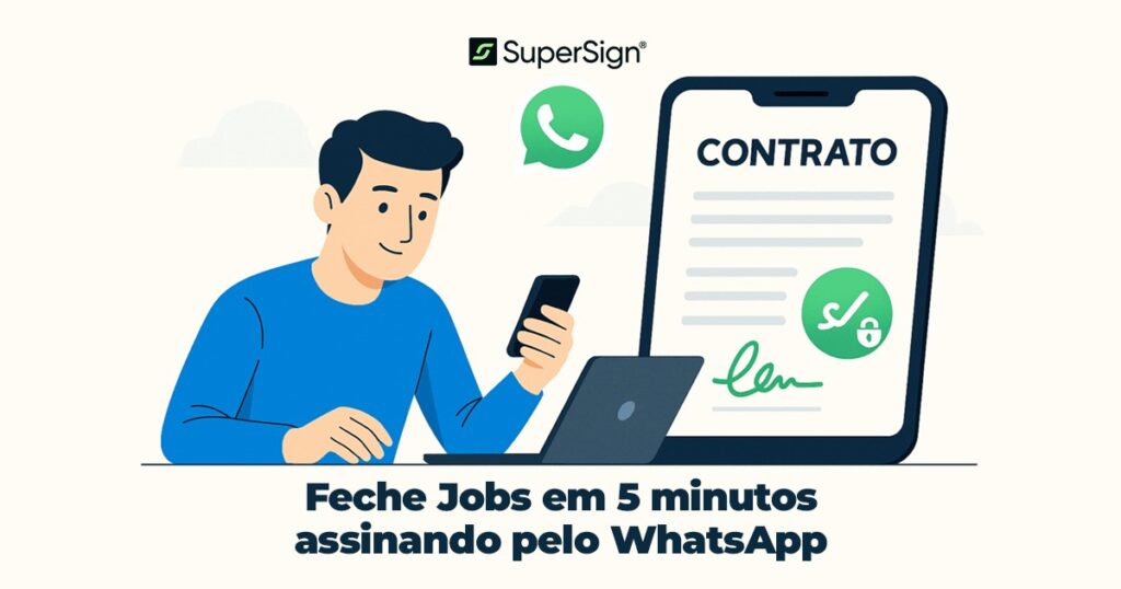 Imagem do blog SuperSign destacando assinatura digital para freelancers e agências, com ícones de laptop, documento assinado e equipe, simbolizando flexibilidade e colaboração.