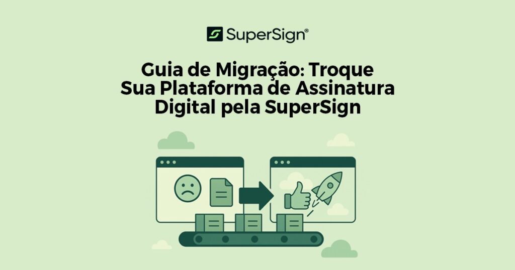 Imagem do blog SuperSign com guia de migração para assinatura digital, mostrando ícones de foguete, documento assinado e esteira de automação, simbolizando progresso e eficiência.