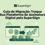 Imagem do blog SuperSign com guia de migração para assinatura digital, mostrando ícones de foguete, documento assinado e esteira de automação, simbolizando progresso e eficiência.