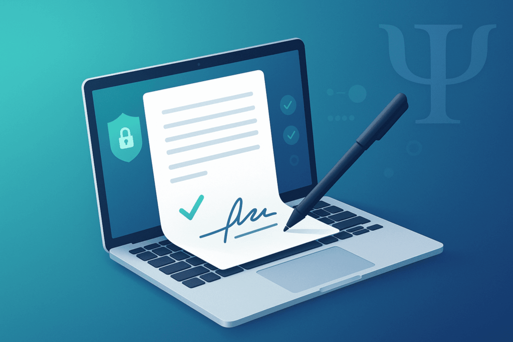 Assinatura digital de laudo e atestado psicológico em notebook, com selo de segurança e verificação