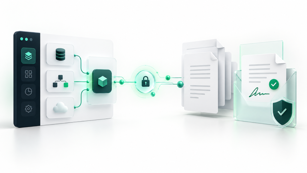 Ilustração de sistemas conectados à API de assinatura digital, com documentos e assinatura