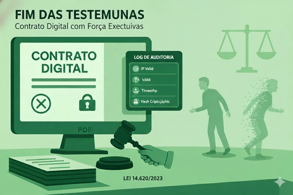 Ilustração da Lei 14.620/2023 mostrando um juiz e um contrato digital com logs de auditoria, simbolizando o fim da exigência de testemunhas para a força executiva de documentos eletrônicos.
