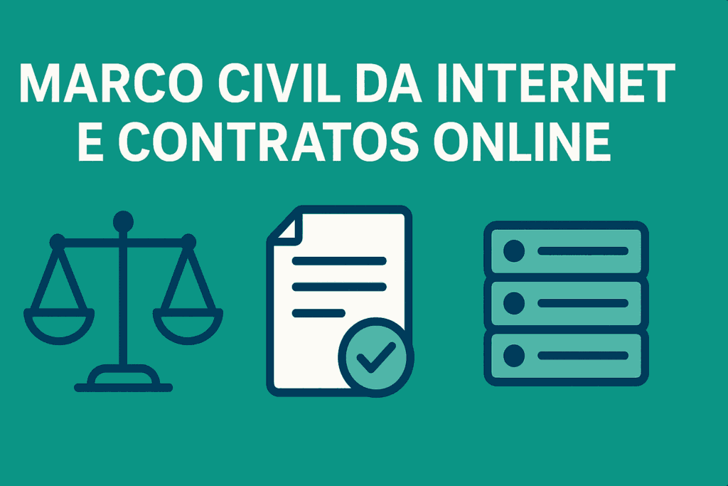 Marco Civil da Internet contratos online em banner retangular verde com ícone de balança, contrato digital e registros de log, ilustrando prova digital e responsabilidade de plataformas