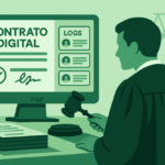 Prova de contrato digital em banner retangular com juiz, contrato eletrônico e ícones de logs, ilustrando como o juiz analisa contratos digitais em um processo